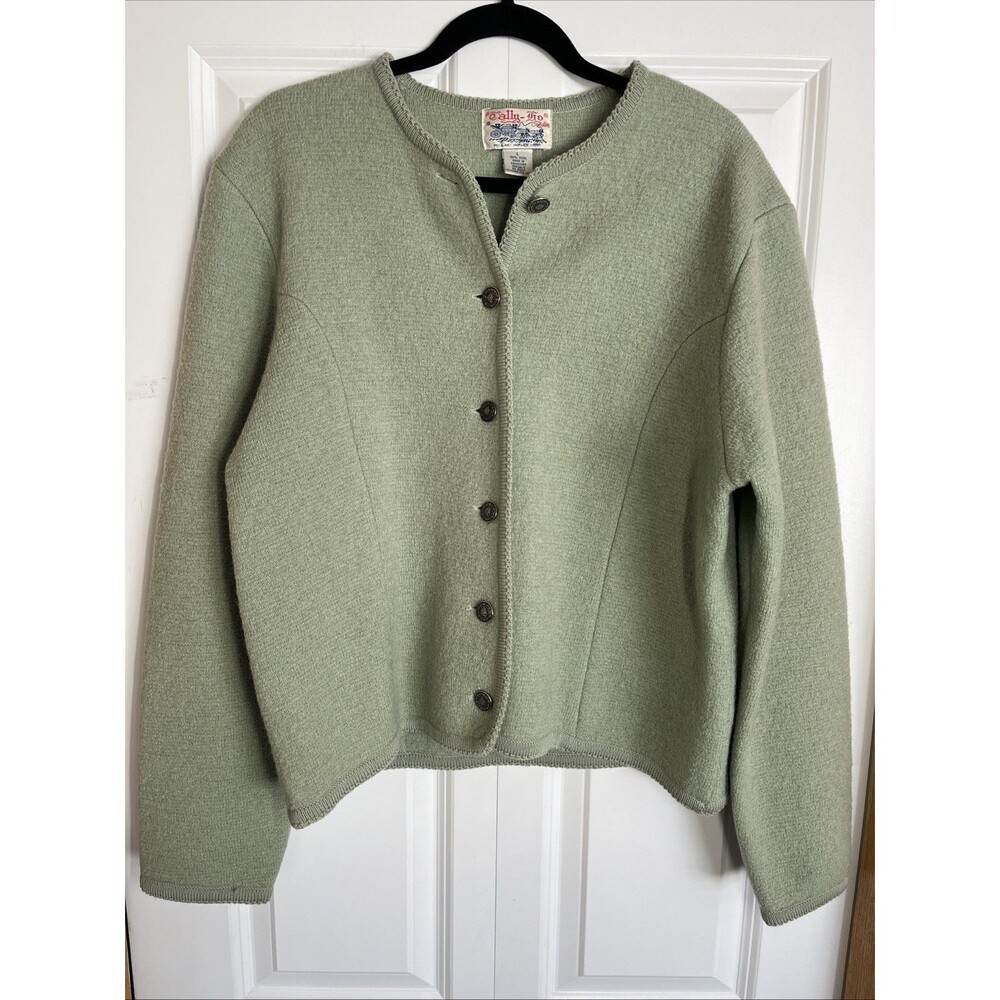 Vintage Tally-Ho Sage Green Boiled 100% Wool Cardigan Cottagecore Academia Sz L